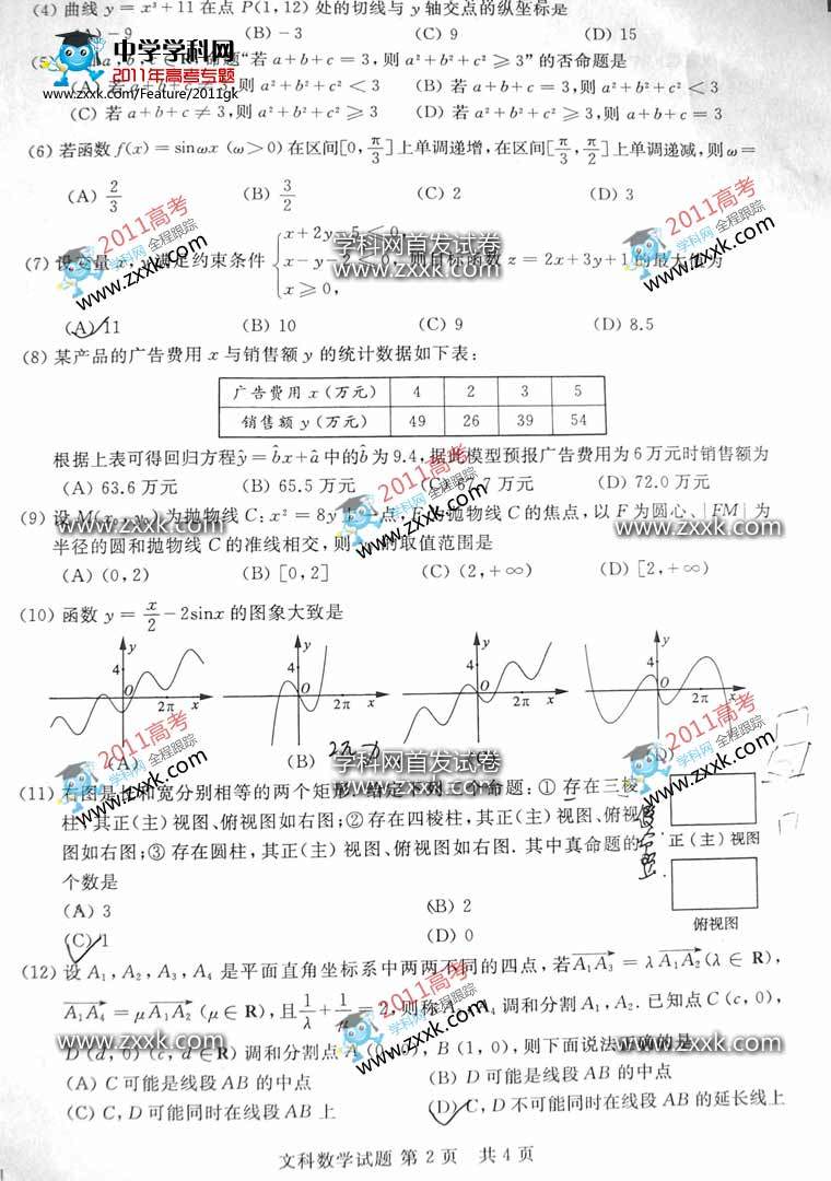 2011山东高考文科数学试题