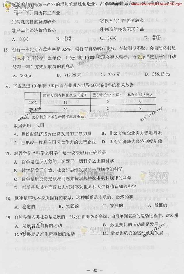 2012上海高考政治试题答案